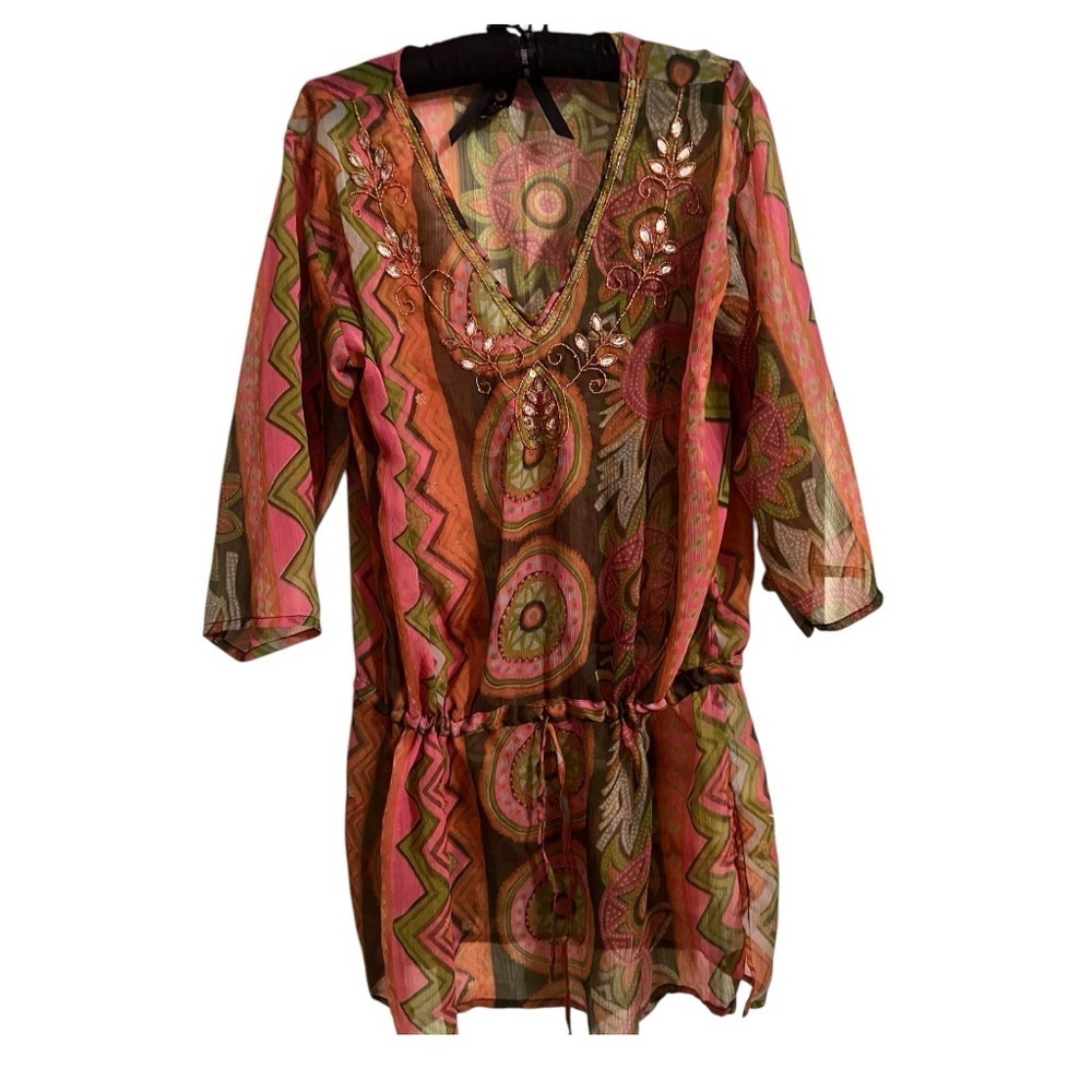 PRIYA EMBELLISHED SWIMSUIT COVER Size 40/Large adjustable waist long sleeve NWOT